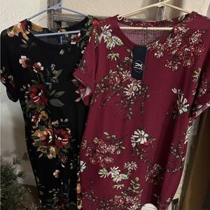 (Set of 2) Floral Dresses in Black and Burgundy
